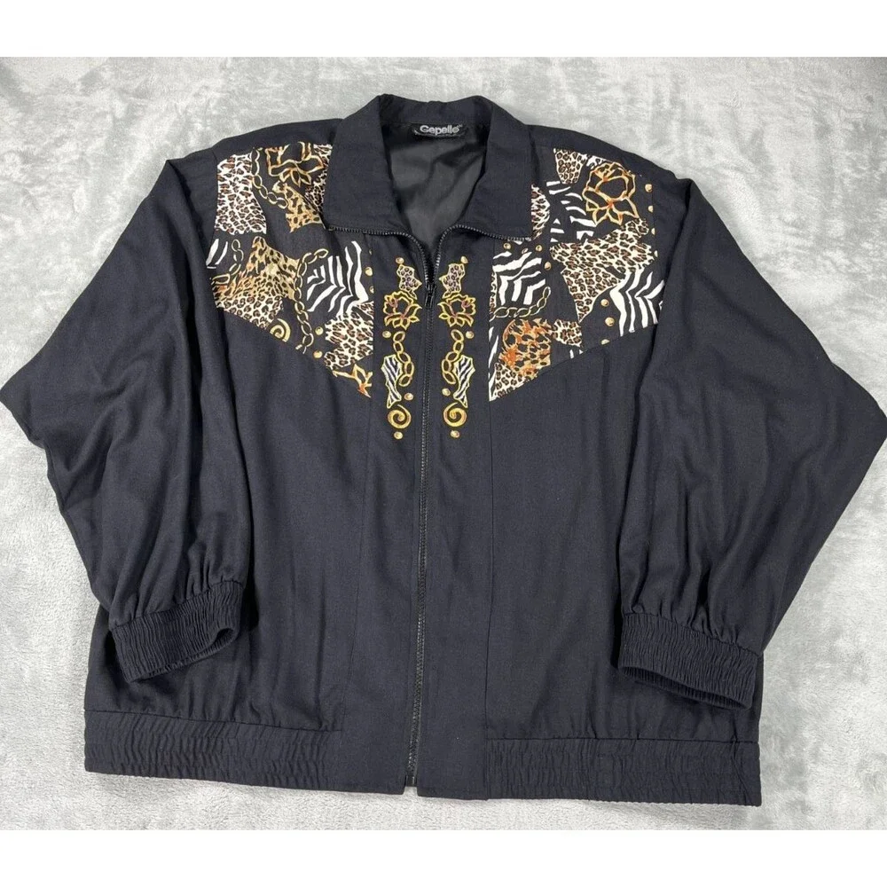 VTG Gepetto Jacket Animal Print Embroidered Gold Zebra Leopard Full Zip XL